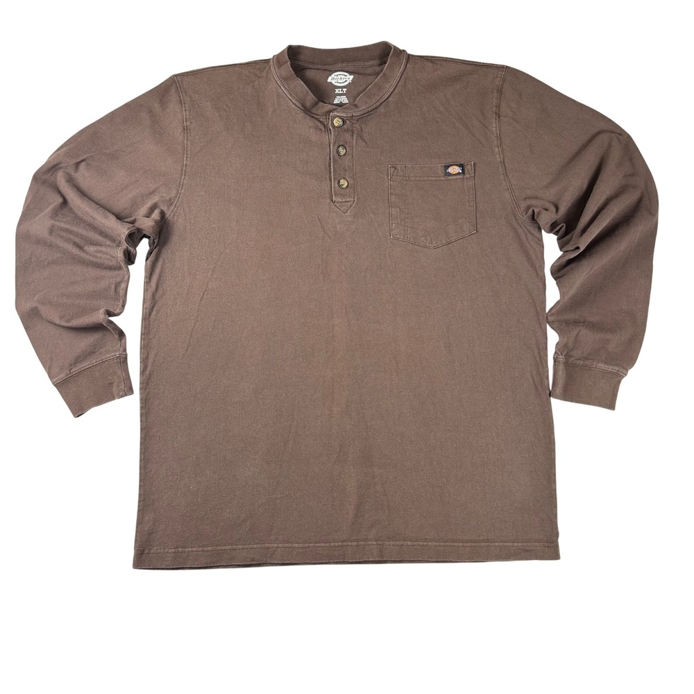 Dickies Mens XLT Brown Long Sleeve Henley Pocket Shirt Cotton WL451CB Tall‎ XL